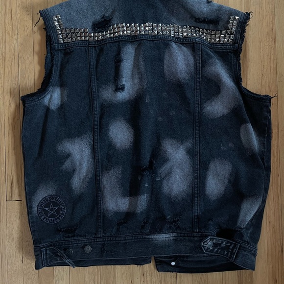 90’s inspired black denim dark battle vest with patches and studs. - Picture 2 of 5